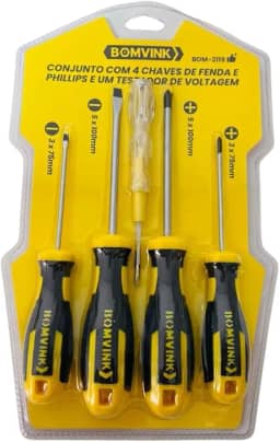 Kit com 4 Chaves de Fenda e Phillips com Testador de Voltagem 5 Peças 3x75mm e 5x100mm Jogo de 5 Peças Chaves de Fenda e Phillips + Testador de Voltagem Premium