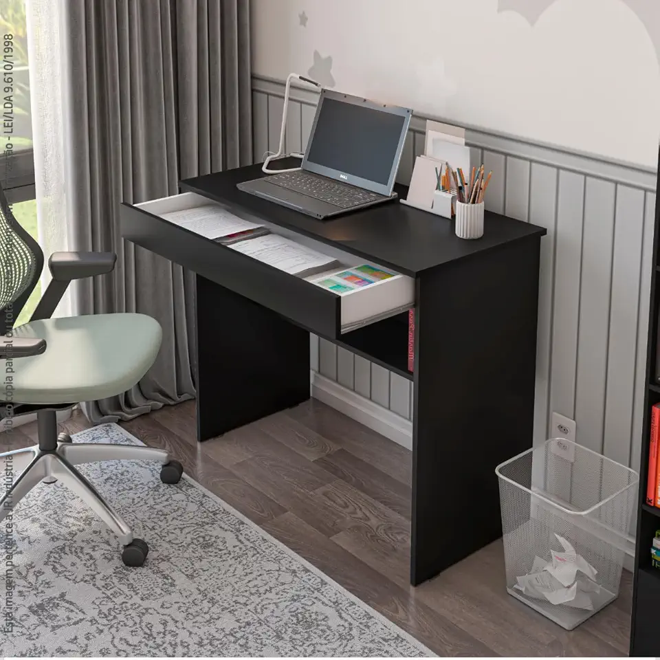 Mesa de Escritório com 01 Gaveta para Notebook e Computador Vitória (Preto)