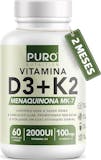 PURO NUTRITION Vitamina D3 + K2 2000 UI D3 com 100 mcg de Vitamina K2 MK7